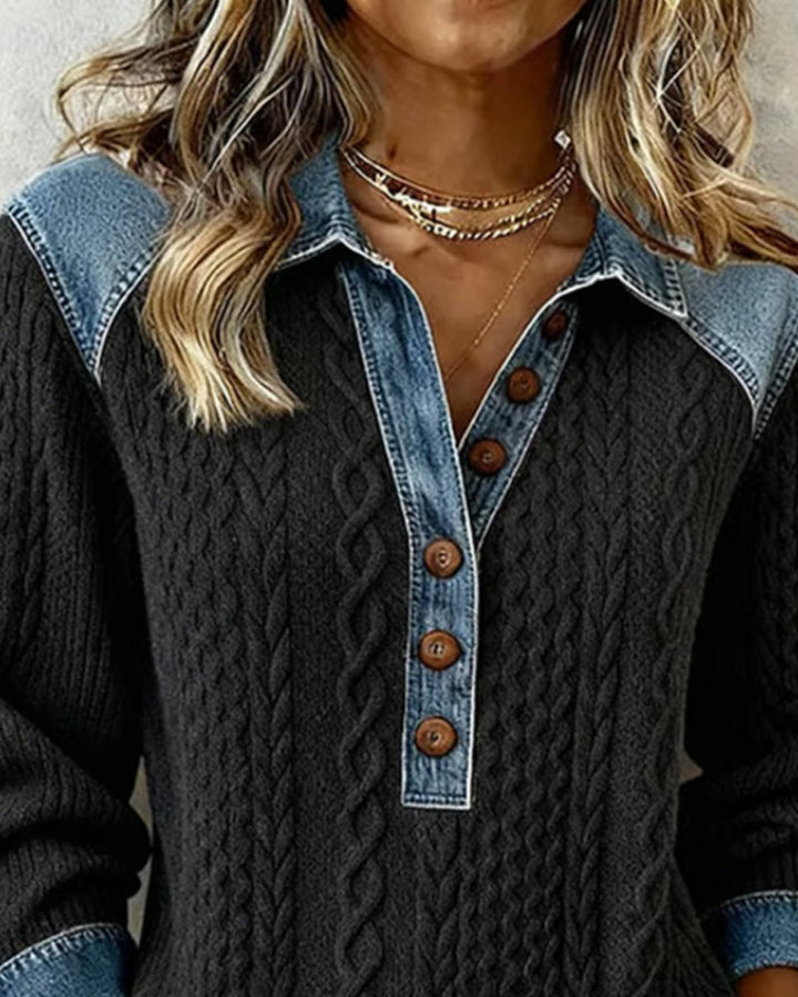 Elegant Color Block Denim Sweatshirt