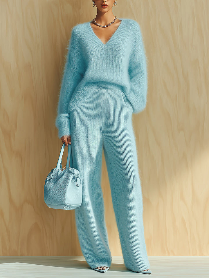 Nova Chic Vintage Baby Blue V-Neck Long Sleeve Oversized Sweater Wide-Leg Pants Fuzzy Knit Two-Piece Set