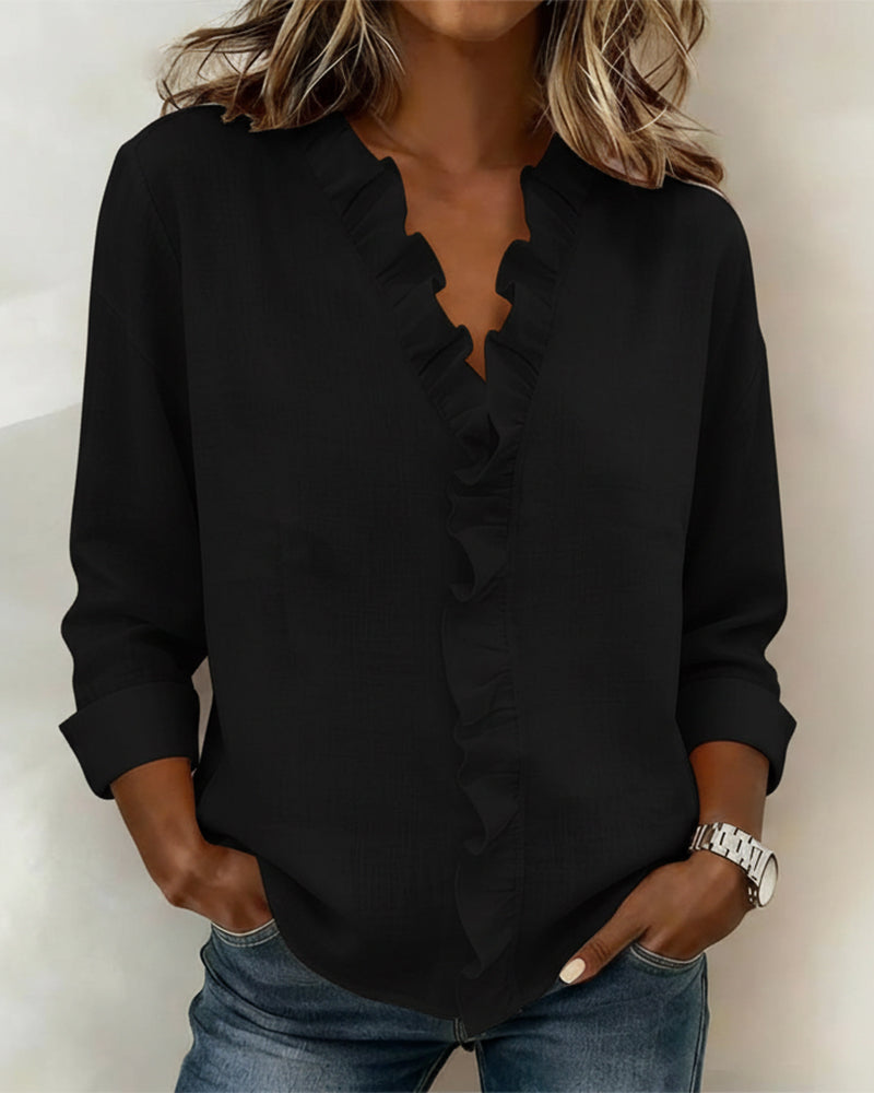 Ruffled Blouse V-Neck Long Sleeves