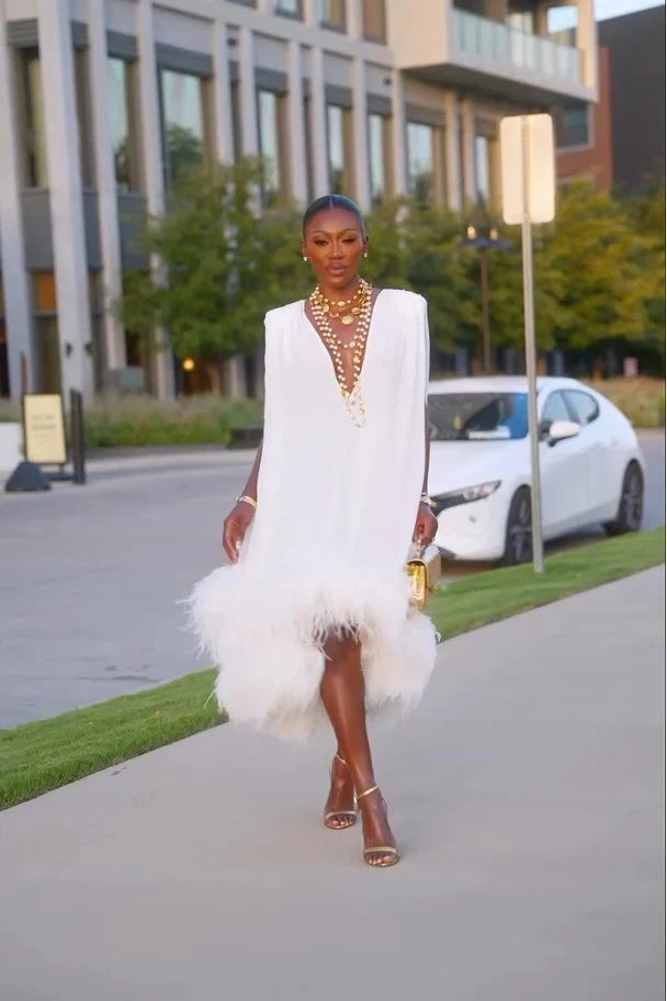 Elegant Sleeveless White Feather Patchwork Irregular Hem Midi Dress