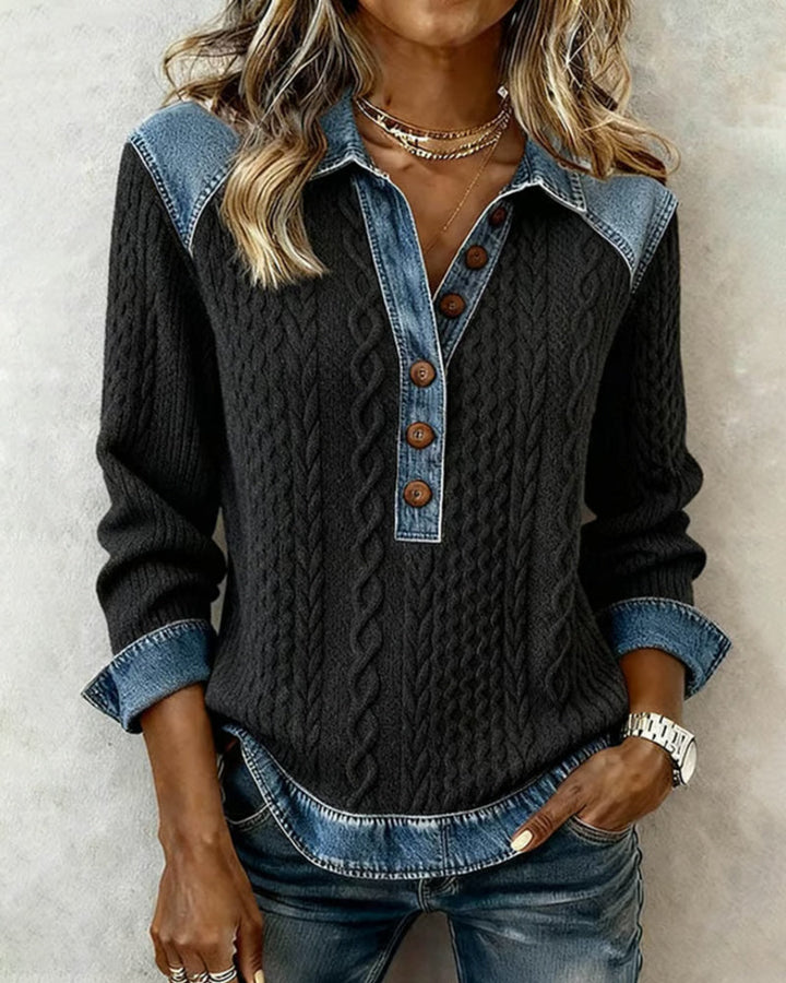Elegant Color Block Denim Sweatshirt