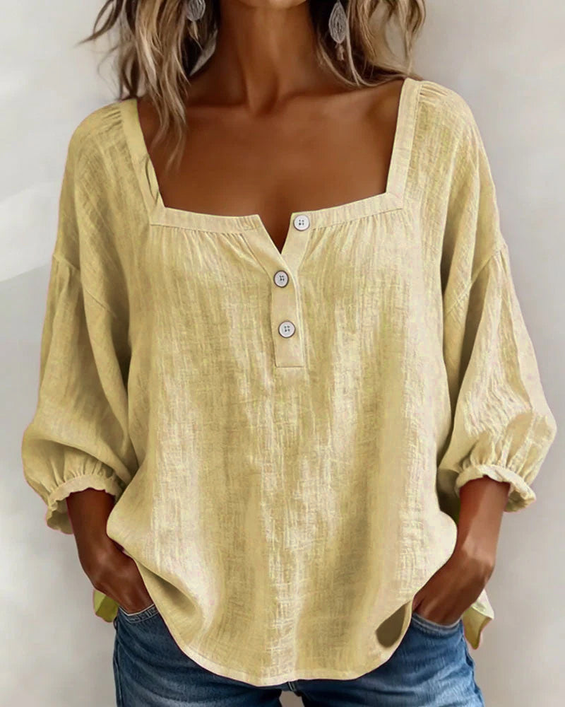 Simple Square Collar Long Sleeve Shirt