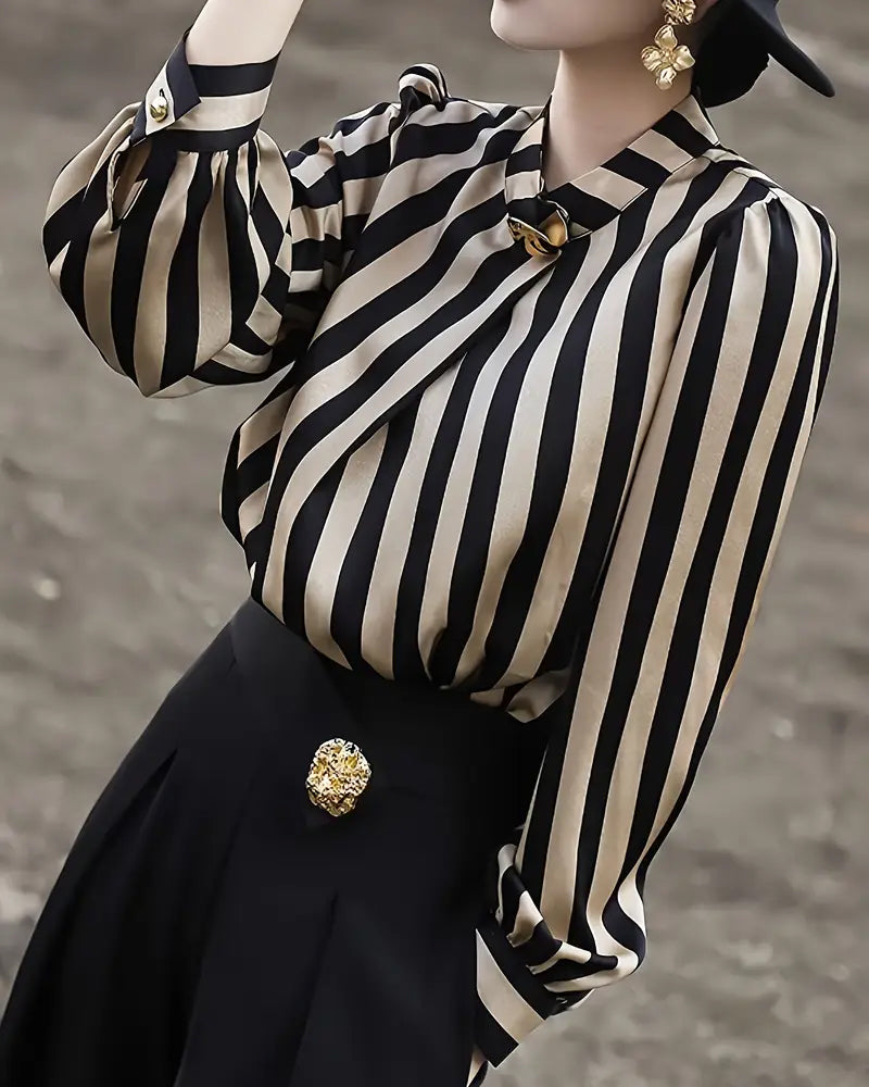 Draped Blouse with High Collar Striped