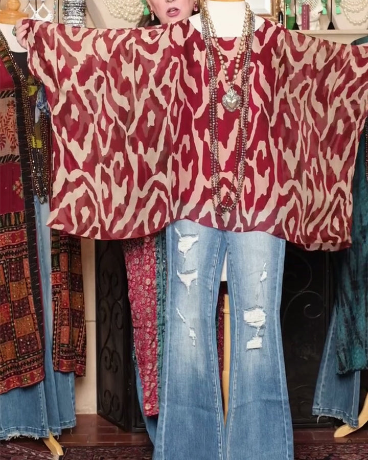 Batwing Sleeve Printed Blouse Long Sleeves