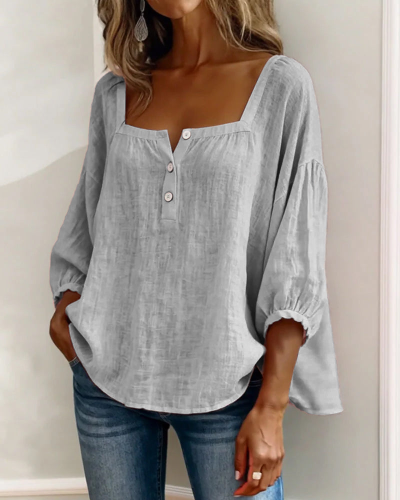 Simple Square Collar Long Sleeve Shirt