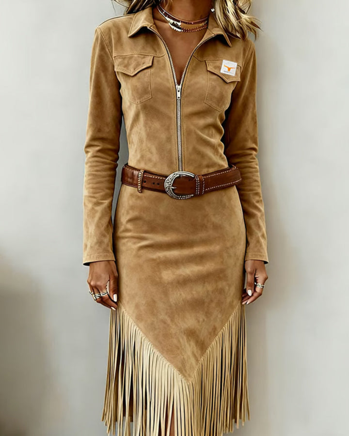 Solid Dress with Half Zipper and Fringes