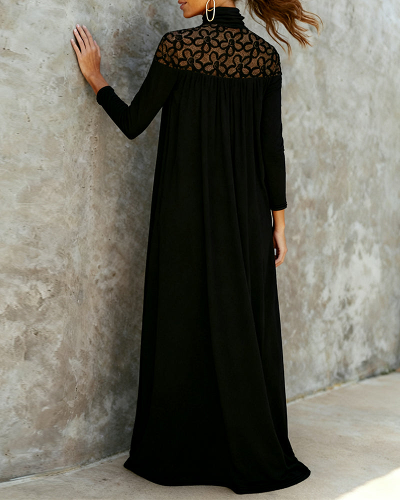 Elegant High Neck Mesh Patchwork Dress