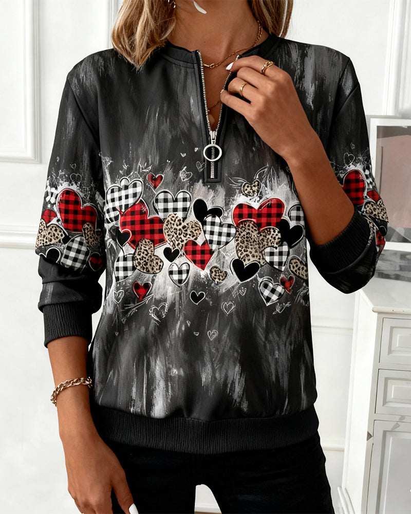 Sweatshirt with Half-Zip and Heart Print