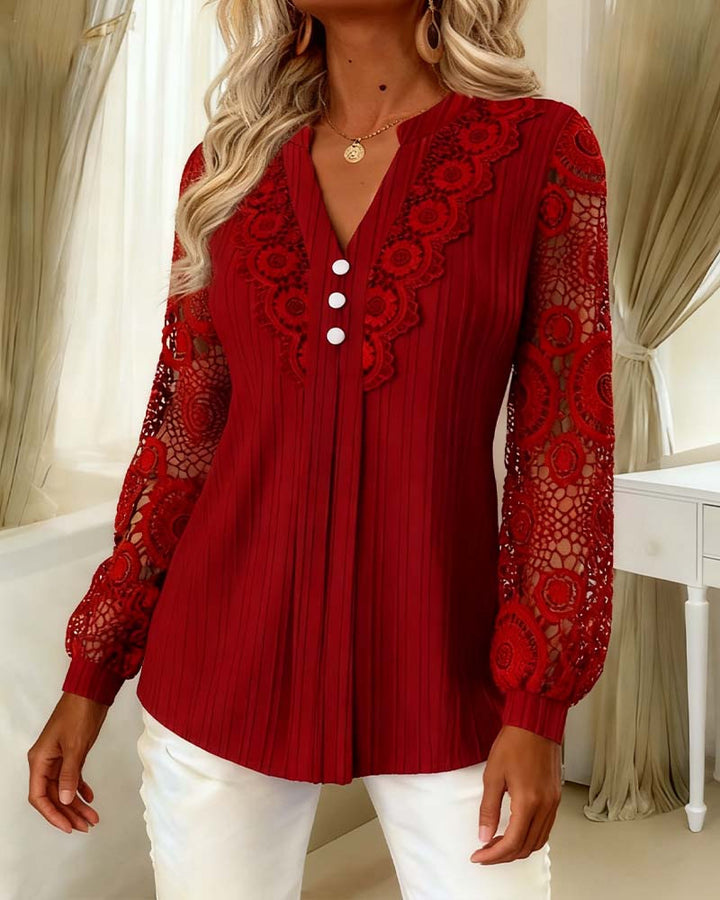 Lace Blouse Panel Long Sleeves V-Neck