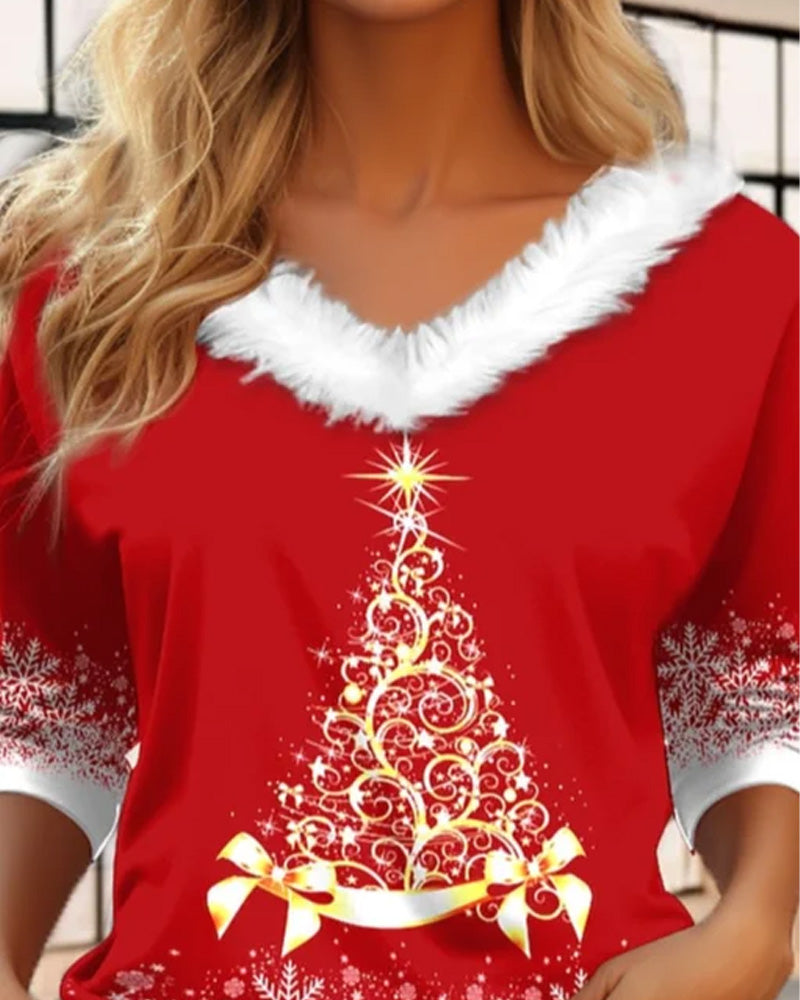 Fuzzy Top with V-Neck and Christmas Tree Print