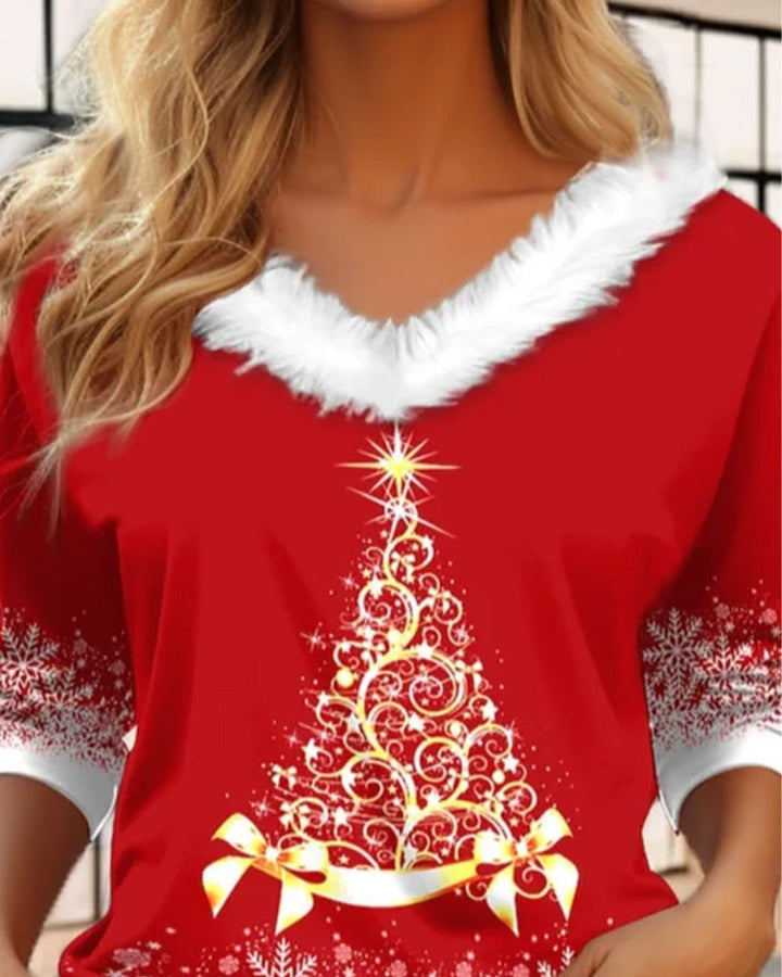 Fuzzy Top with V-Neck and Christmas Tree Print