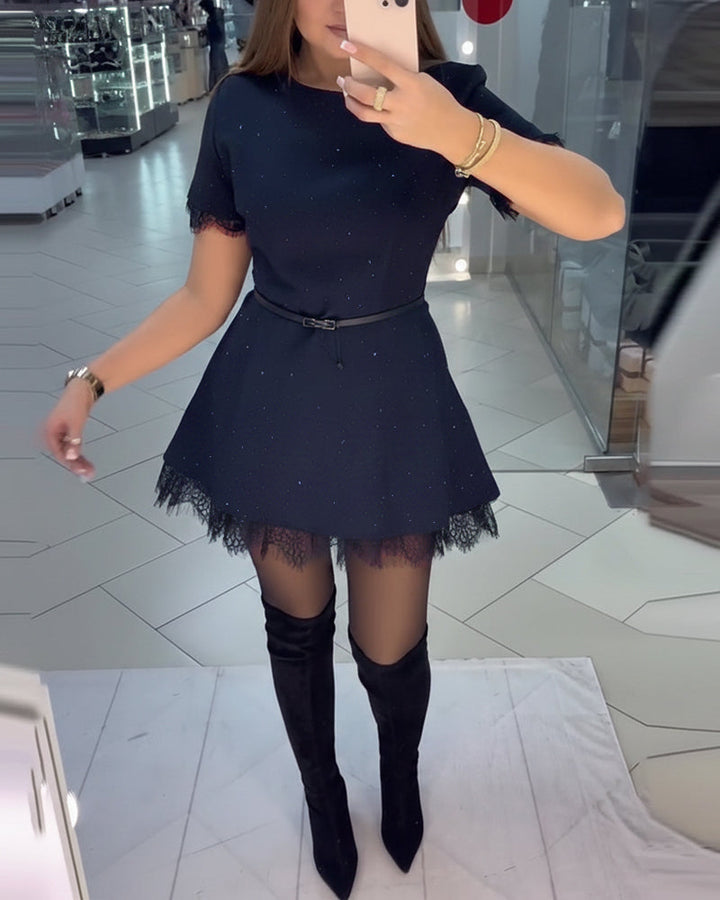 Shimmering Lace Dress with Short Sleeves and A-Line Cut