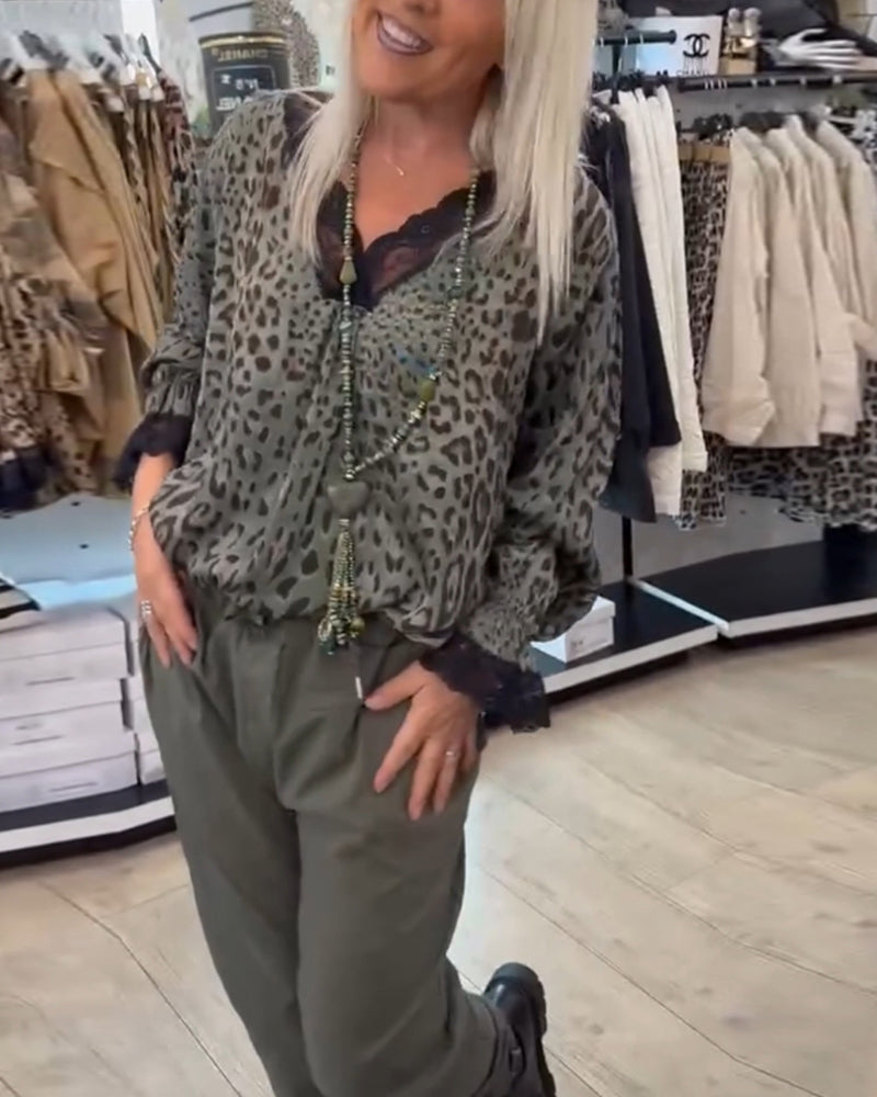 Leopard Print Blouse with V-Neck and Lace Patchwork