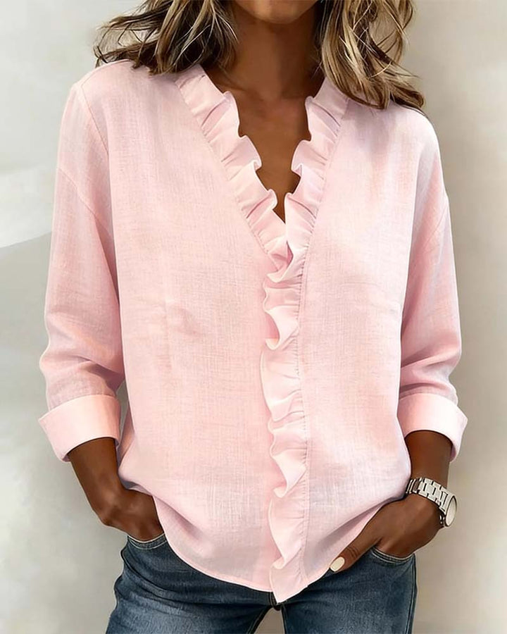 Ruffled Blouse V-Neck Long Sleeves