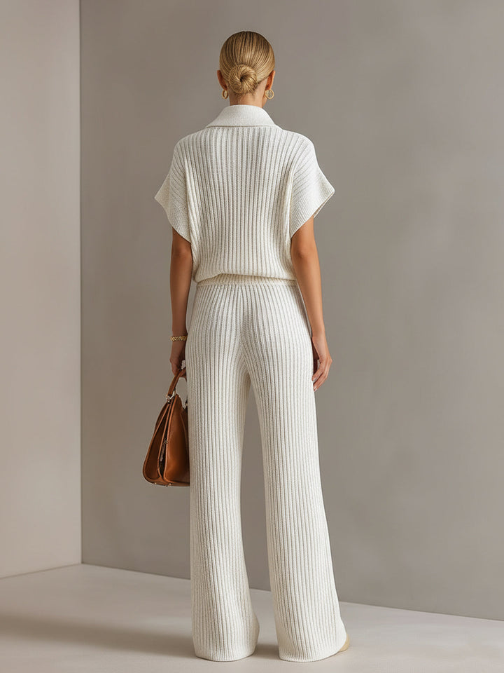 Kennedy Chic Elegant Cream White Zipper-Up Stand Collar Oversize Short-Sleeve Sweater Wide-Leg Pants Ribbed Knit Two-Piece Set