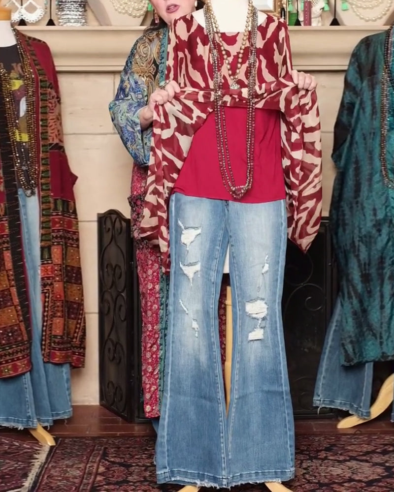 Batwing Sleeve Printed Blouse Long Sleeves