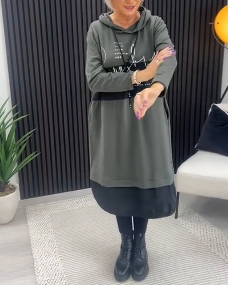 Casual Hooded Dress with Color Block Letter Print and Pocket