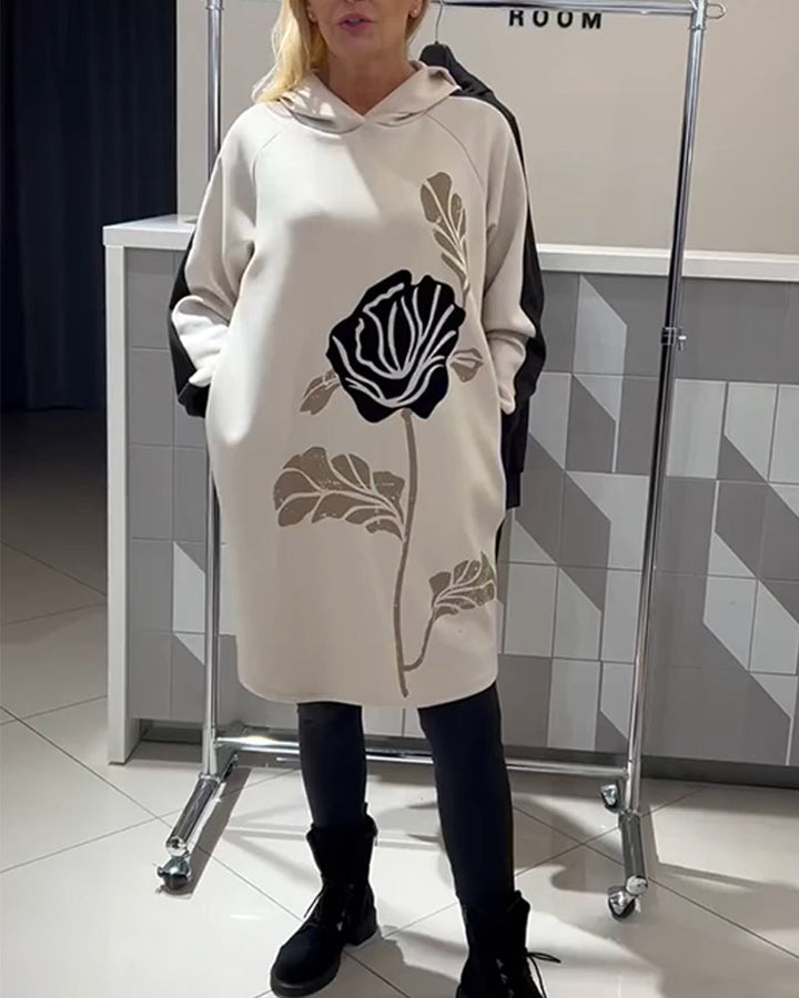 Color-Block Floral Print Hoodie Dress