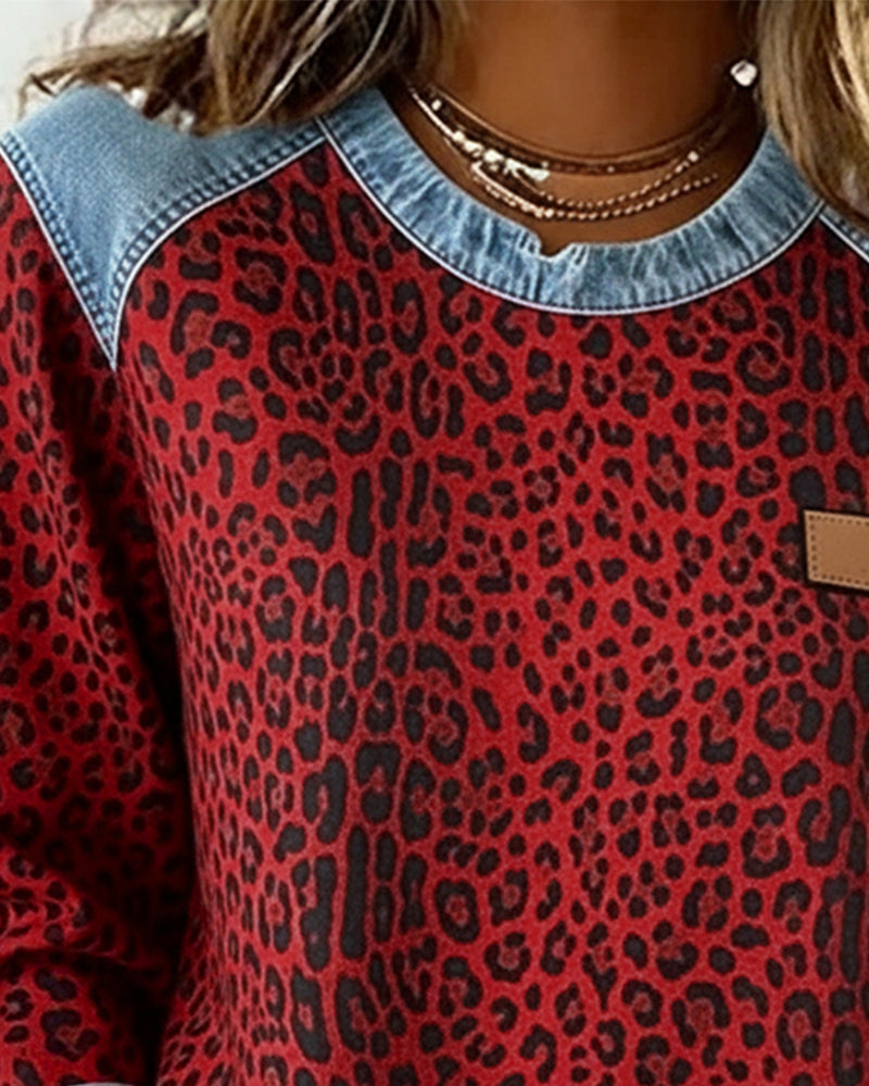 Leopard Print Denim Patchwork Sweatshirt