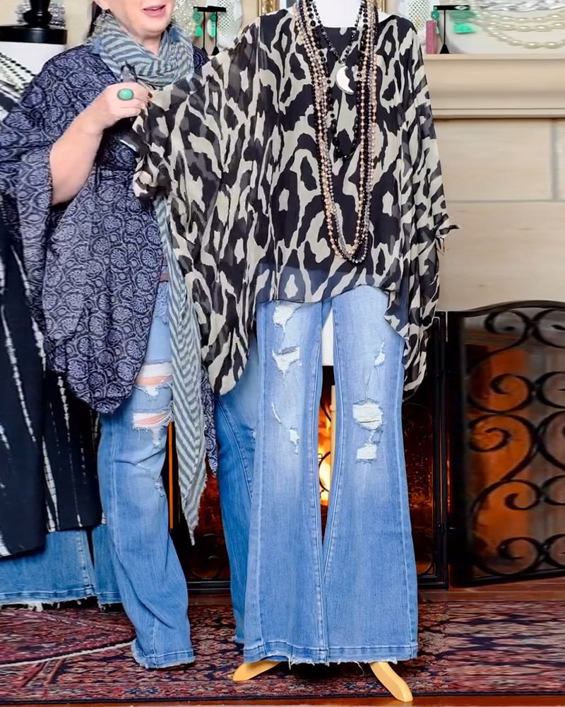 Batwing Sleeve Printed Blouse Long Sleeves