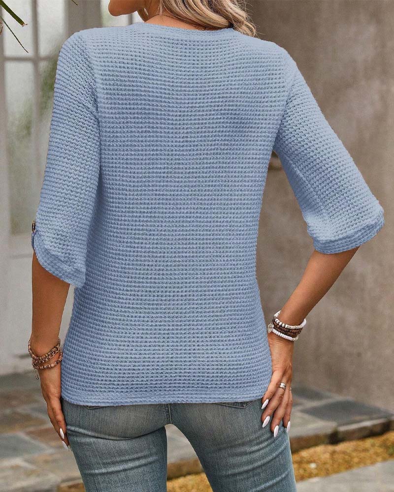 Solid Waffle Pattern Top with Round Neck