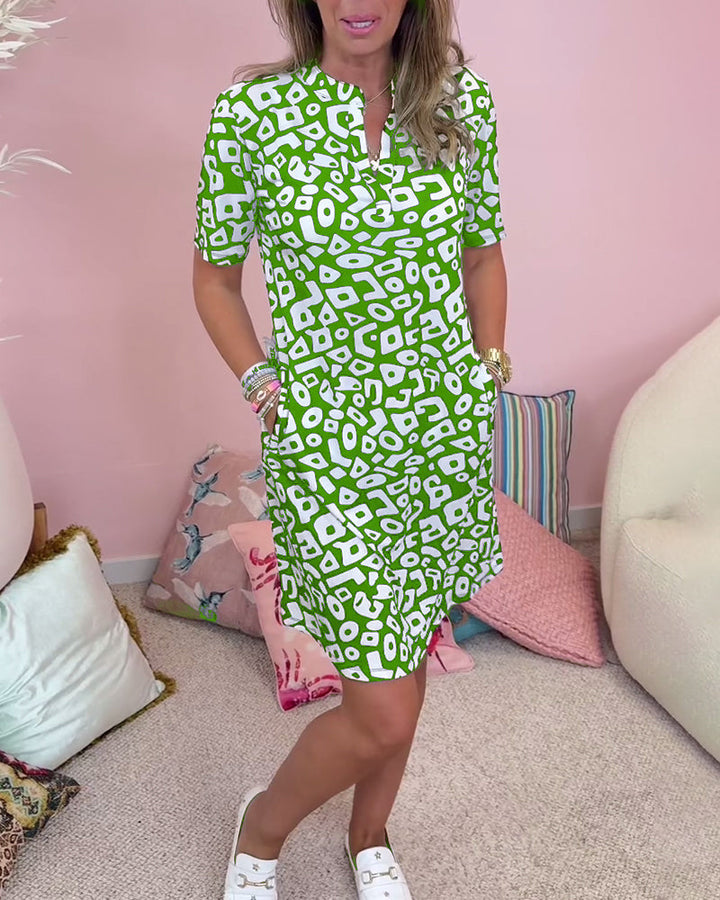 Casual V-Neck Dress with Printed Pocket