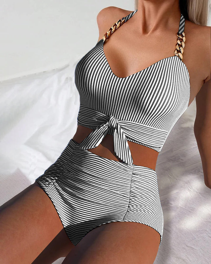 High-Waisted Striped Two-Piece Triangle Bikini