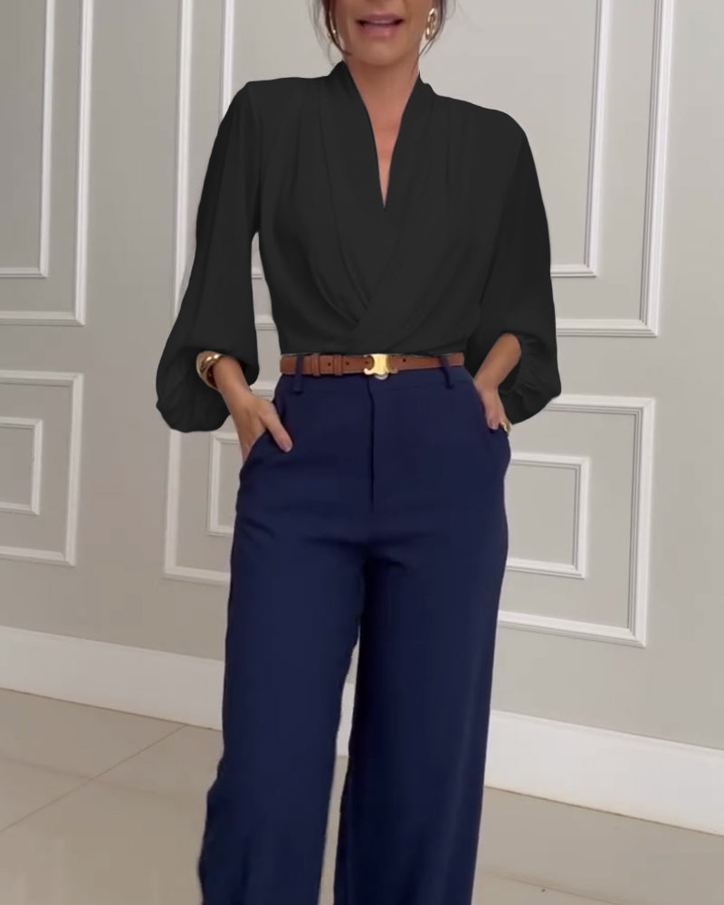 Trendy Lantern Sleeve Blouse with Solid Color V-Neck