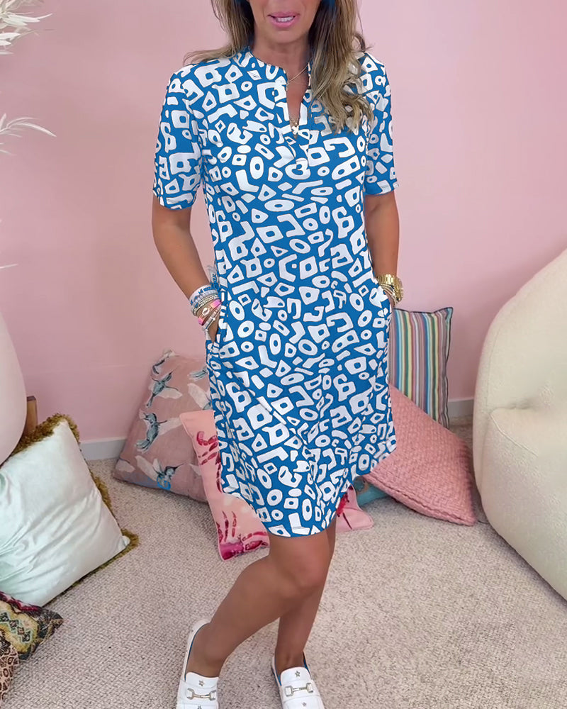 Casual V-Neck Dress with Printed Pocket