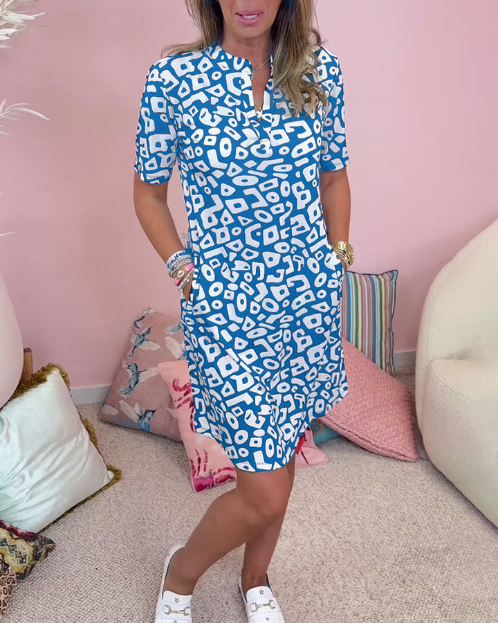 Casual V-Neck Dress with Printed Pocket