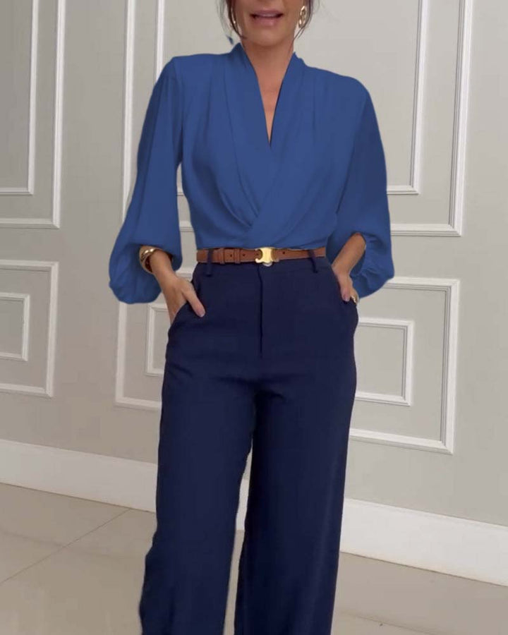 Trendy Lantern Sleeve Blouse with Solid Color V-Neck
