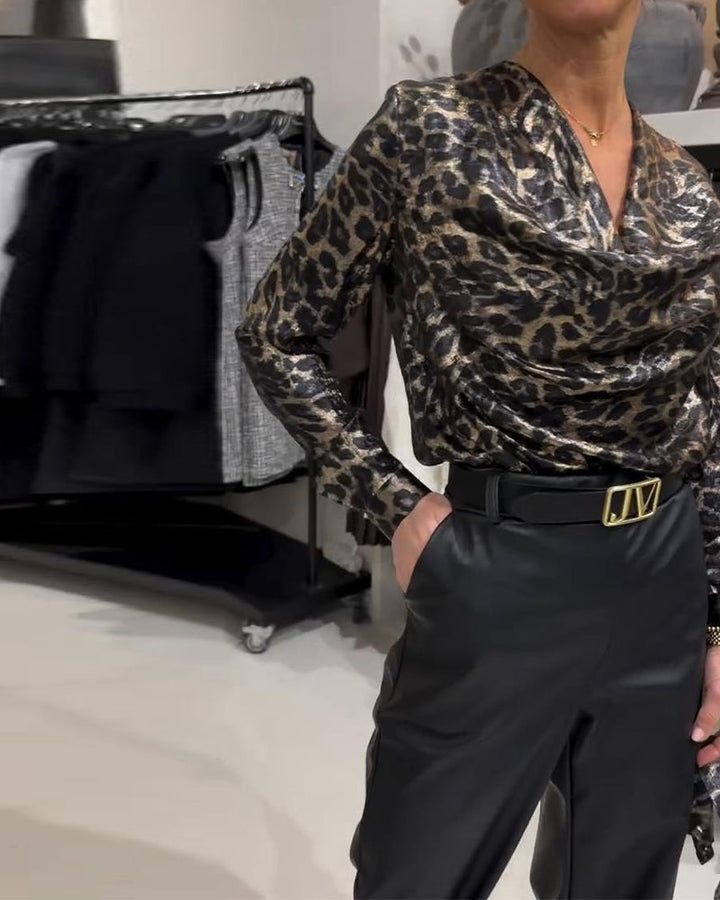 Elegant Leopard Print Blouse with Draped Collar
