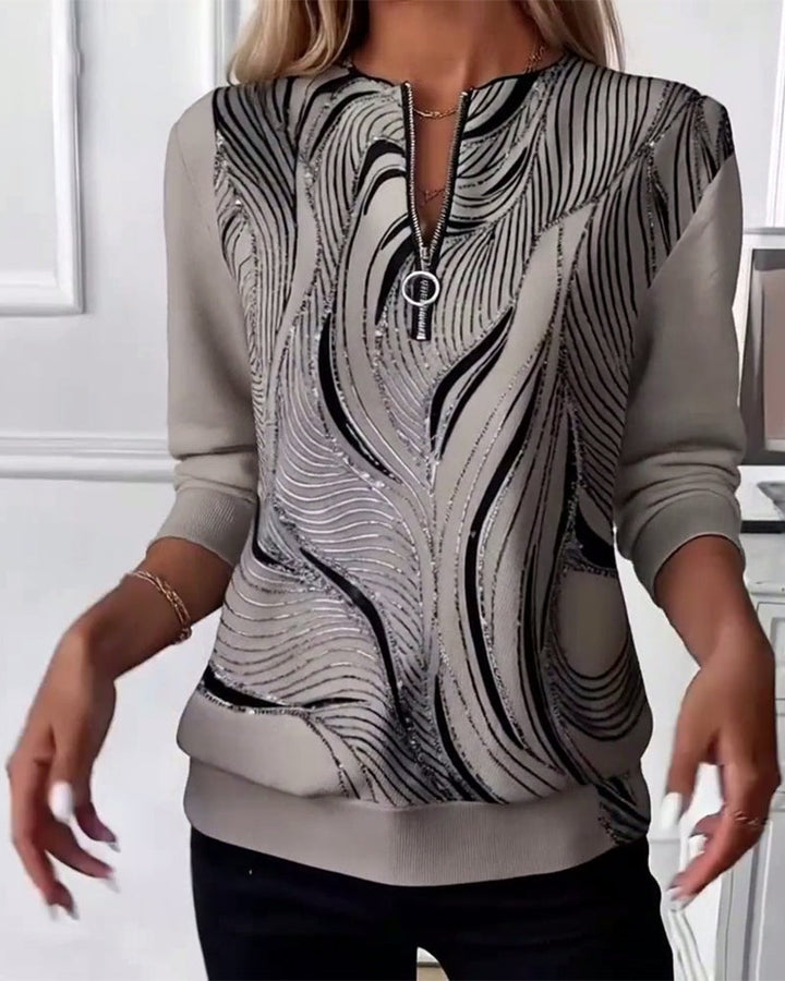 Casual Zip Print Sweatshirt