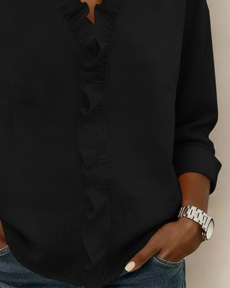Ruffled Blouse V-Neck Long Sleeves