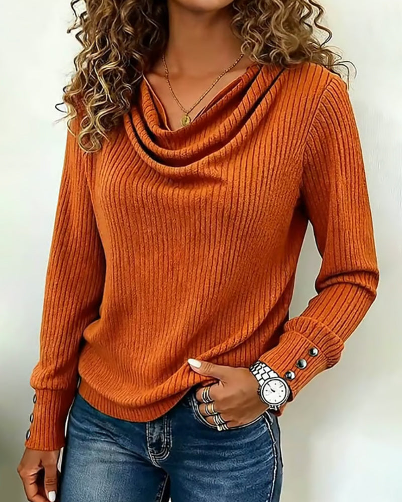 Solid Color Draped Neck Knit T-shirt