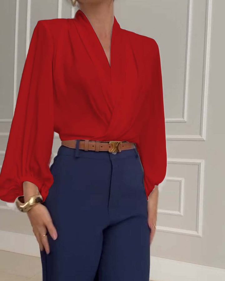 Trendy Lantern Sleeve Blouse with Solid Color V-Neck