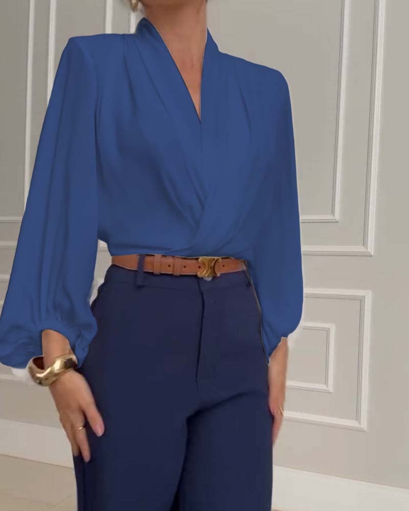 Trendy Lantern Sleeve Blouse with Solid Color V-Neck