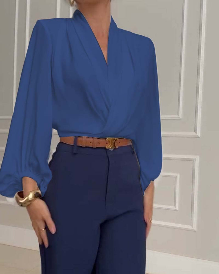 Trendy Lantern Sleeve Blouse with Solid Color V-Neck