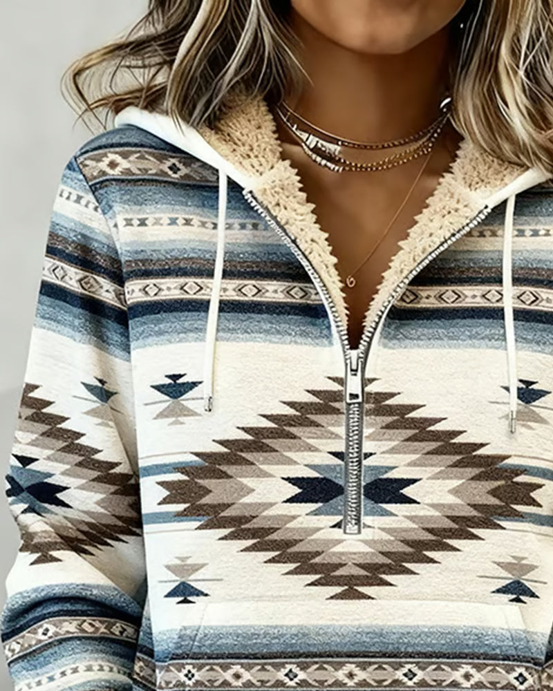 Retro Printed Half-Zip Hoodie Sweatshirt