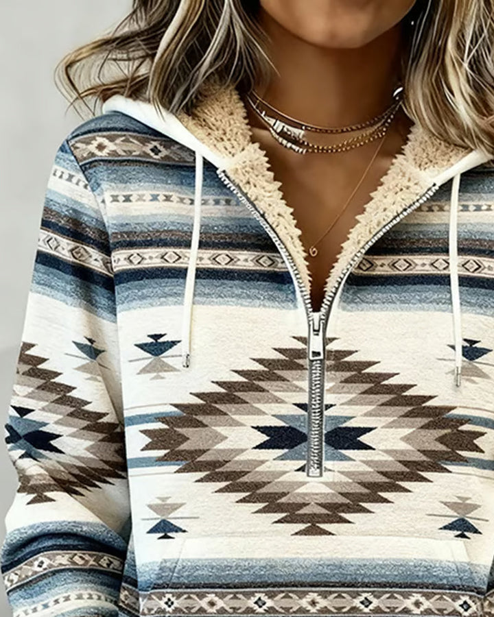 Retro Printed Half-Zip Hoodie Sweatshirt