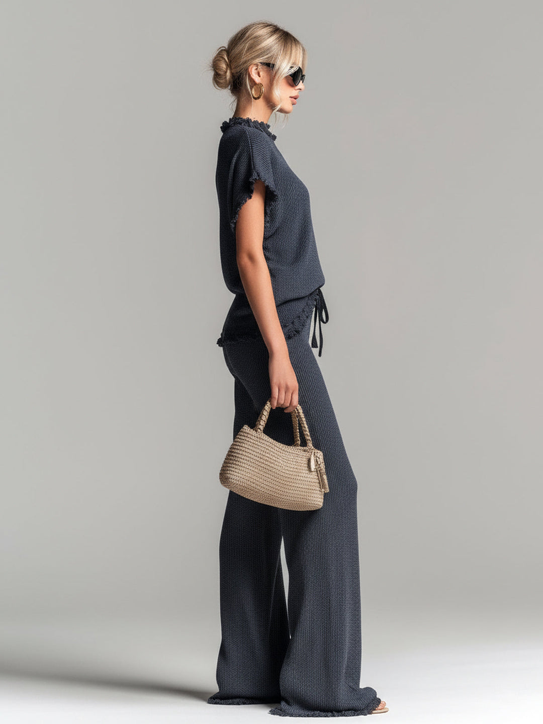 Hazel Chic Elegant Dark Gray Round Neck Short-Sleeve Loose-Fit Sweater Wide-Leg Pants Lace Details Ribbed Knit Two-Piece Set