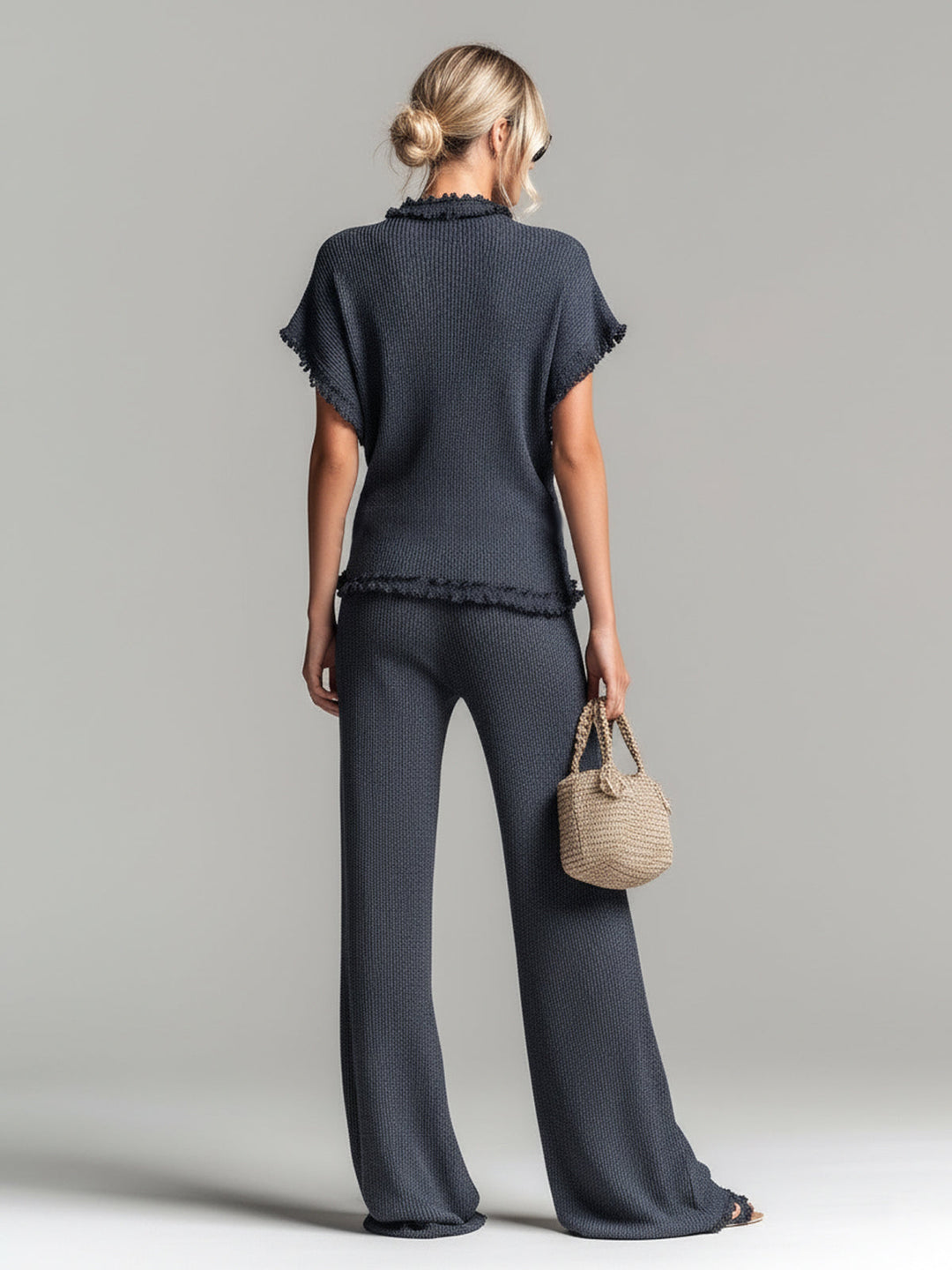 Hazel Chic Elegant Dark Gray Round Neck Short-Sleeve Loose-Fit Sweater Wide-Leg Pants Lace Details Ribbed Knit Two-Piece Set