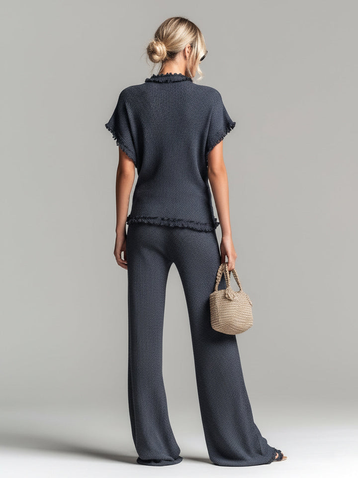 Hazel Chic Elegant Dark Gray Round Neck Short-Sleeve Loose-Fit Sweater Wide-Leg Pants Lace Details Ribbed Knit Two-Piece Set