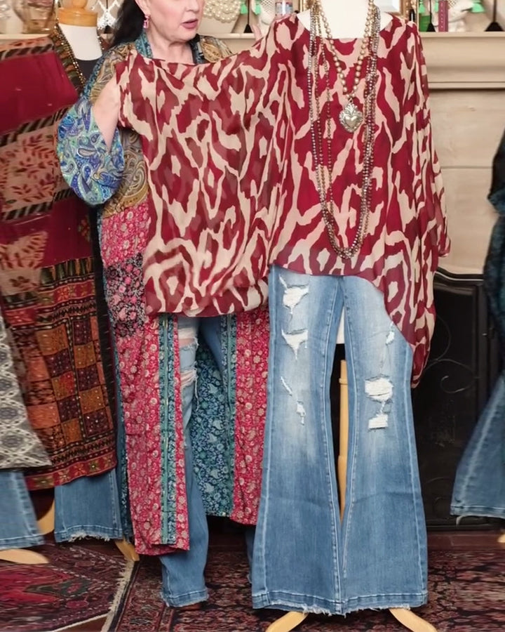 Batwing Sleeve Printed Blouse Long Sleeves