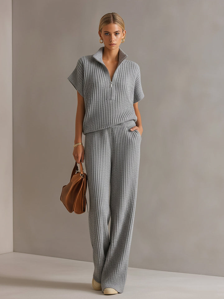 Kennedy Chic Elegant Cream White Zipper-Up Stand Collar Oversize Short-Sleeve Sweater Wide-Leg Pants Ribbed Knit Two-Piece Set