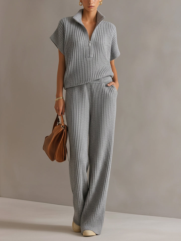 Kennedy Chic Elegant Cream White Zipper-Up Stand Collar Oversize Short-Sleeve Sweater Wide-Leg Pants Ribbed Knit Two-Piece Set