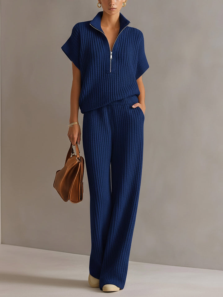 Kennedy Chic Elegant Cream White Zipper-Up Stand Collar Oversize Short-Sleeve Sweater Wide-Leg Pants Ribbed Knit Two-Piece Set