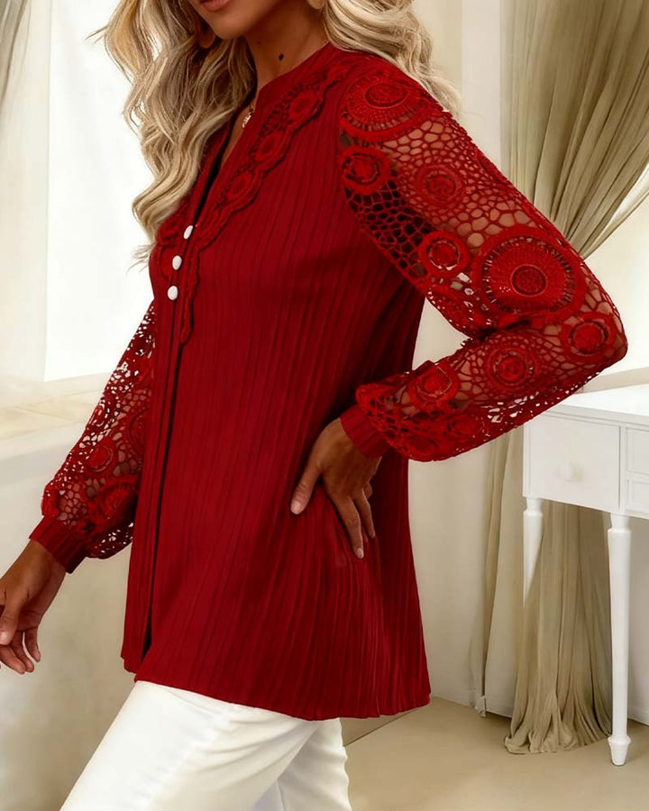 Lace Blouse Panel Long Sleeves V-Neck