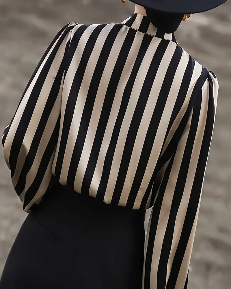 Draped Blouse with High Collar Striped