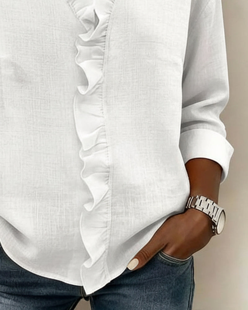 Ruffled Blouse V-Neck Long Sleeves